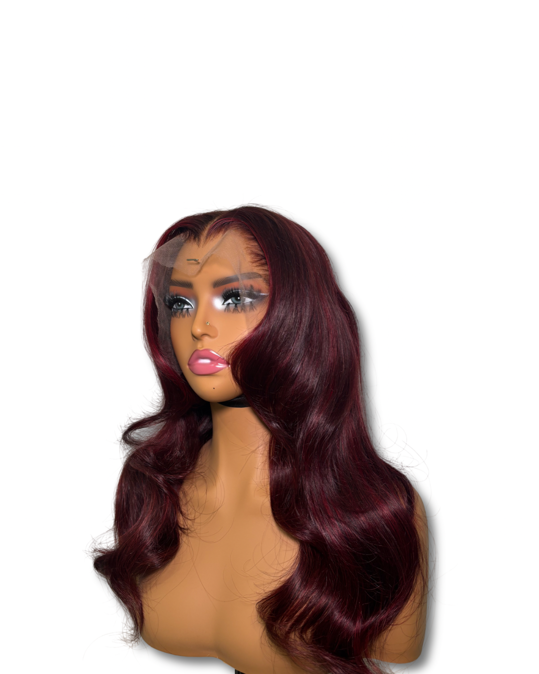 Mannequin head with burgundy wig on a white background